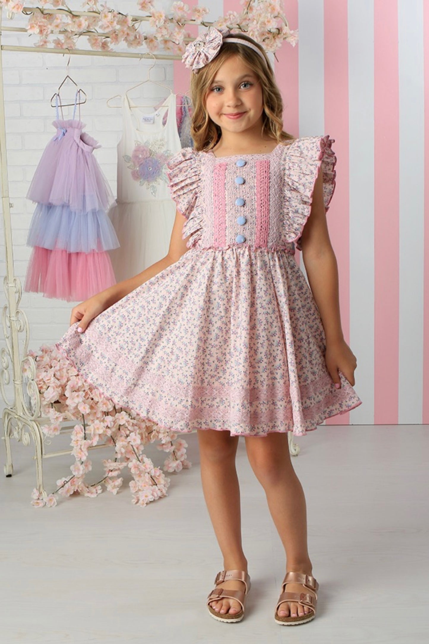 Primrose (Tween) Pink Floral Ruffle Sleeve Dress