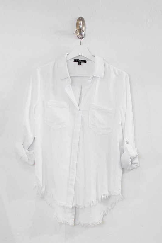 Riley White Frayed Hem Button Up Tencel Shirt