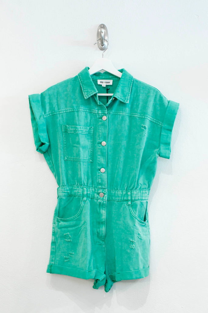 Distressed Button Down Denim Romper - DM