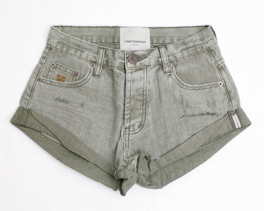 Khaki Logo Jacquard Low Waist Bandit Denim Short - ONE TEASPOON