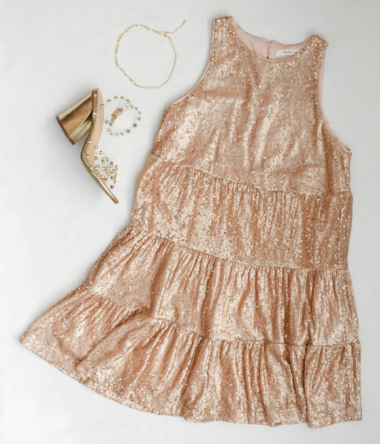 MS Blush Sequin Tiered Flare Dress