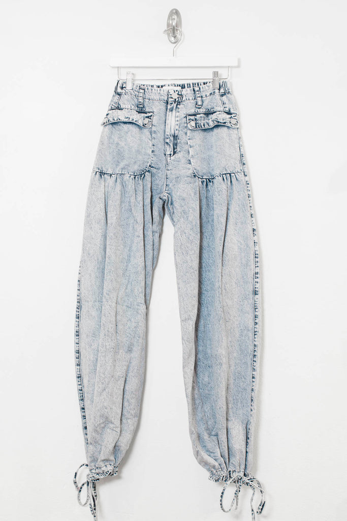 Big Pockets Tie Hem Wide Leg Denim Pants - RV