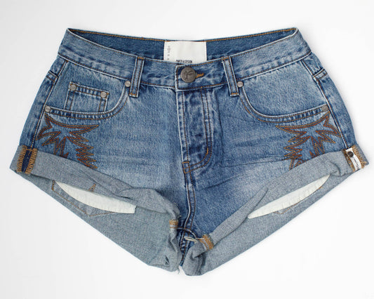 Westland Blue Motif Bandit Low Waist Denim Shorts - One Teaspoon