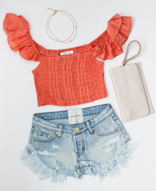 Papaya Smocked Ruffle Shoulder Tank Top