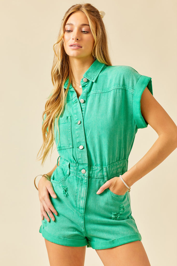 Distressed Button Down Denim Romper - DM