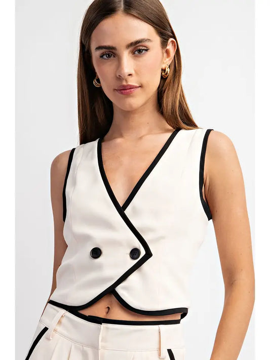 Double-Breasted Woven Vest Contrast Edge