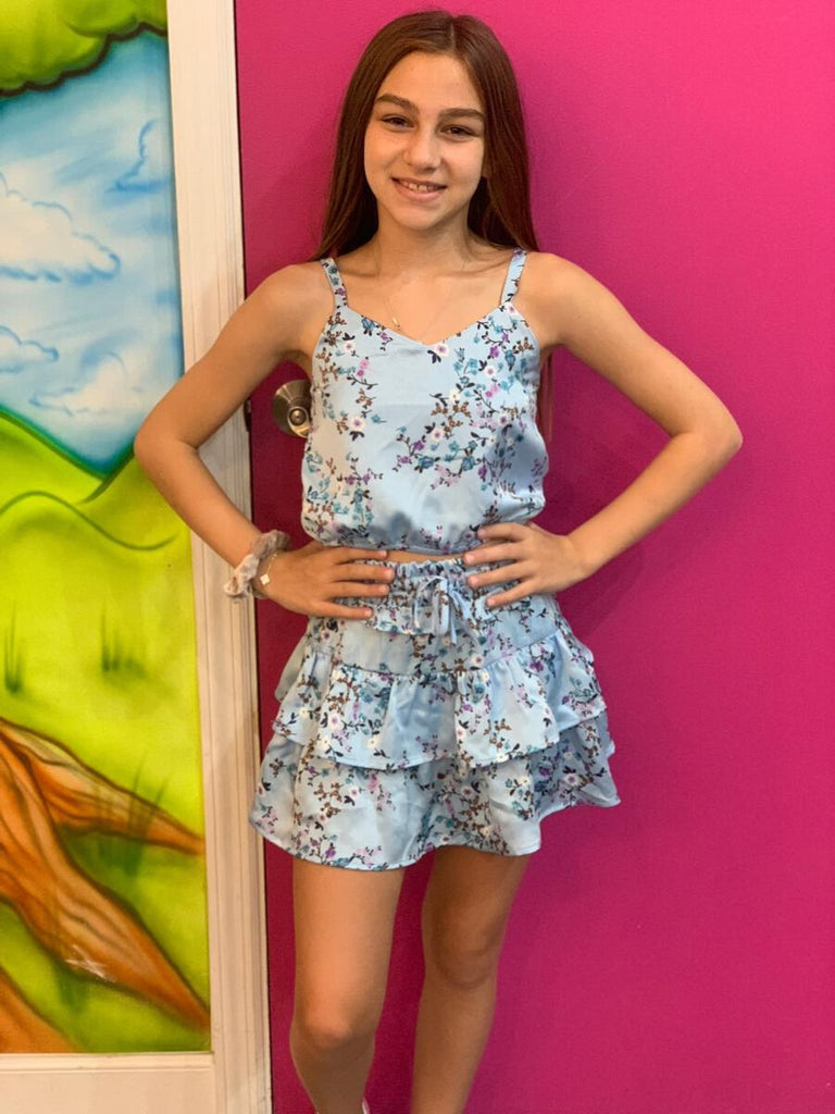 Silky Light Blue Floral Skirt - Tweenstyle