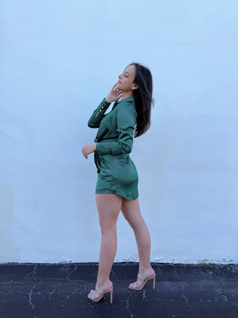 Green Satin Long Sleeve Twisted Mini Dress