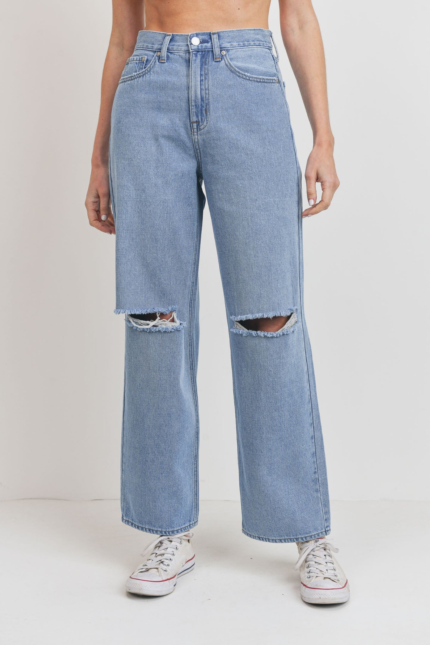 CINCHED WAIST WIDE LEG JEANS WITH KNEE SLITS