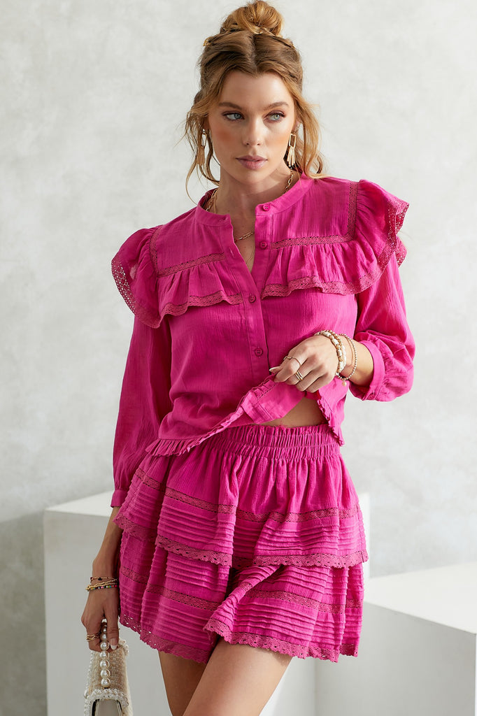 Hot Pink Ruffle Lace Long Sleeve Blouse Women's - DM