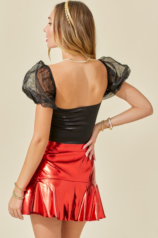 Organza Puff Sleeve Cropped Satin Knit Top