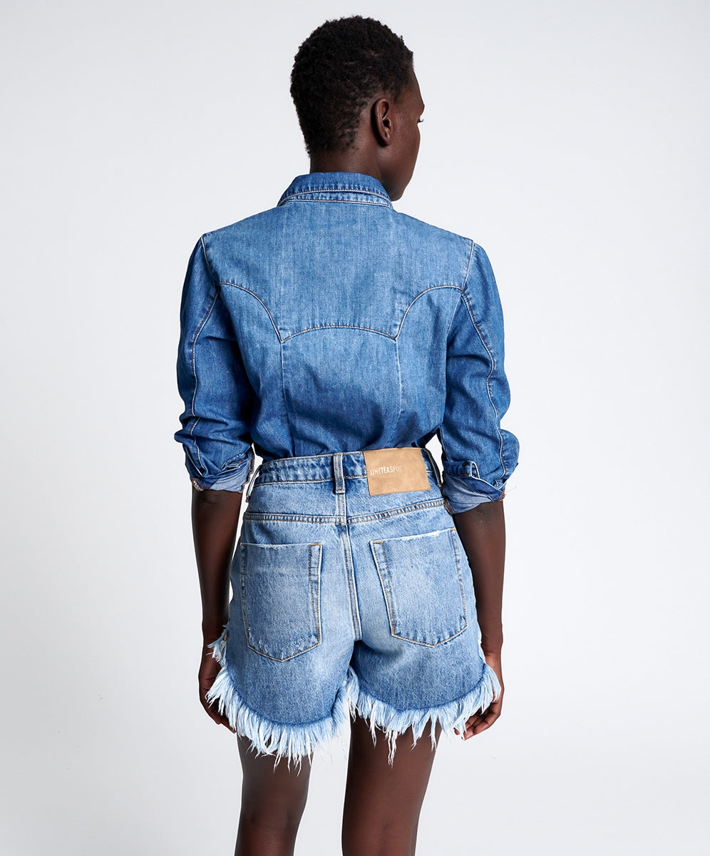 HOLLYWOOD BONITAS HIGH WAIST DENIM SHORT - ONE TEASPOON