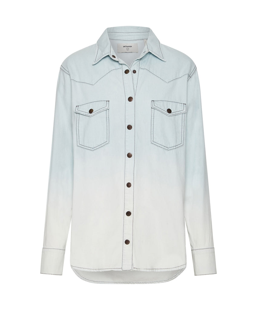 Capri Blue Bleached Out Western Denim Shirt- ONE TEASPOON