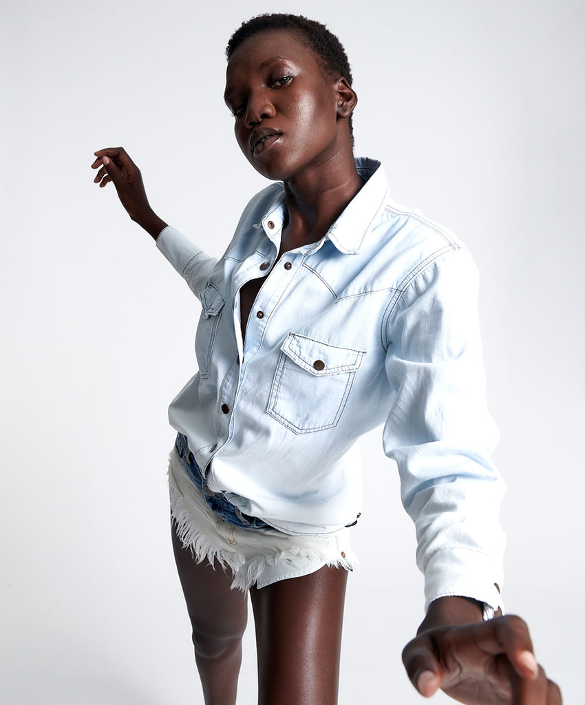 Capri Blue Bleached Out Western Denim Shirt- ONE TEASPOON