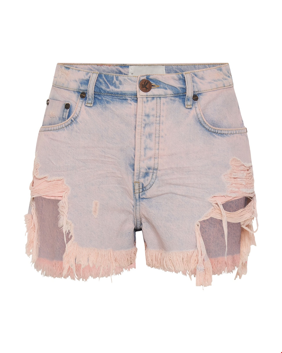 Pink Haze Outlaws Mid Length Denim Short - ONE TEASPOON
