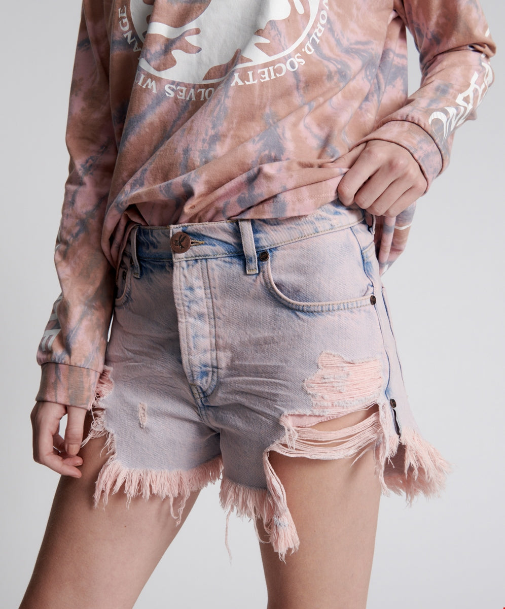 Pink Haze Outlaws Mid Length Denim Short - ONE TEASPOON