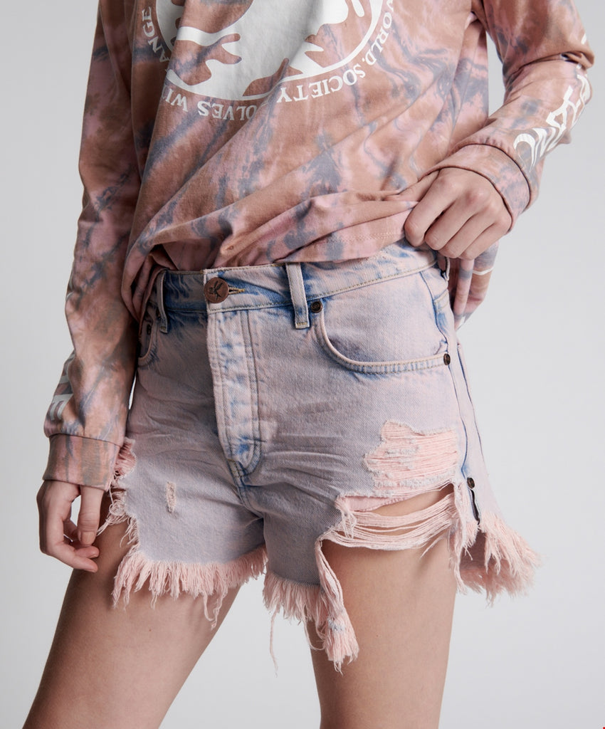 Pink Haze Outlaws Mid Length Denim Short - ONE TEASPOON