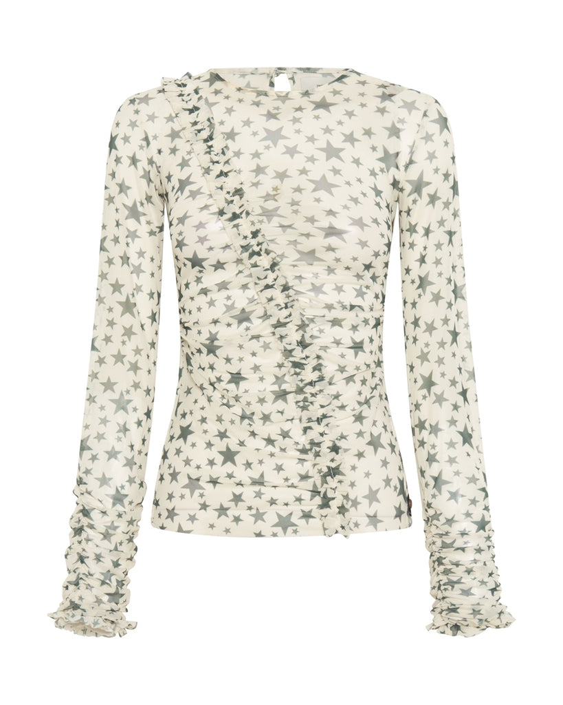 Khaki Star Ruffle Lurex Party Mesh Long Sleeve Top - One teaspoon