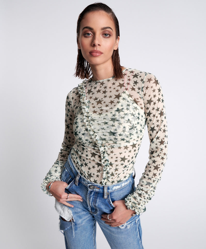 Khaki Star Ruffle Lurex Party Mesh Long Sleeve Top - One teaspoon