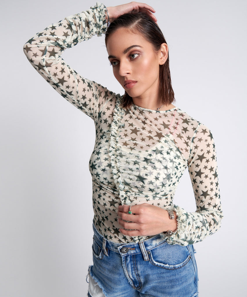 Khaki Star Ruffle Lurex Party Mesh Long Sleeve Top - One teaspoon