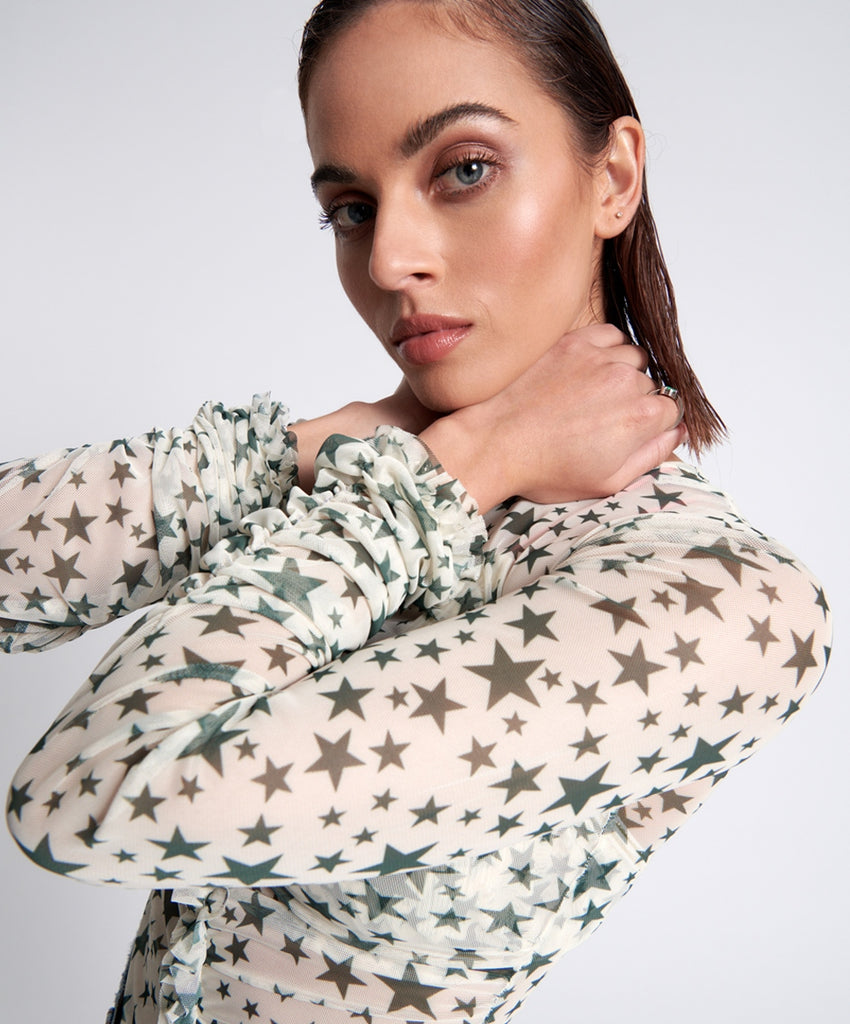 Khaki Star Ruffle Lurex Party Mesh Long Sleeve Top - One teaspoon
