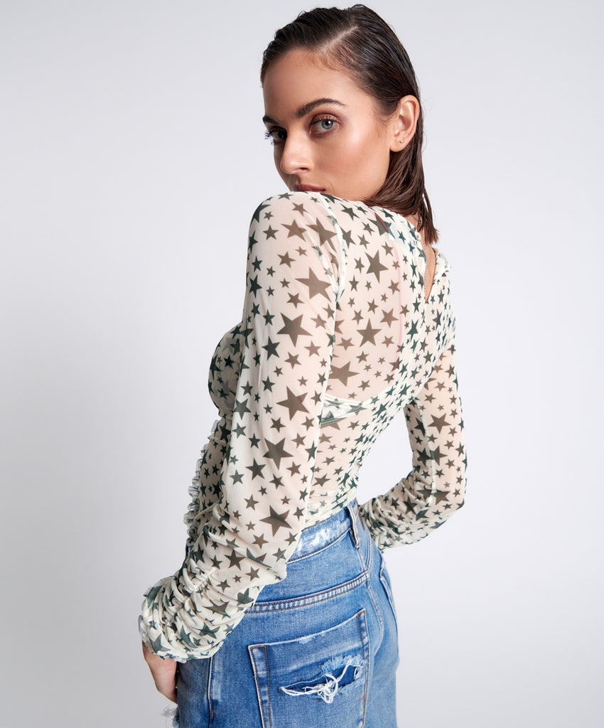 Khaki Star Ruffle Lurex Party Mesh Long Sleeve Top - One teaspoon