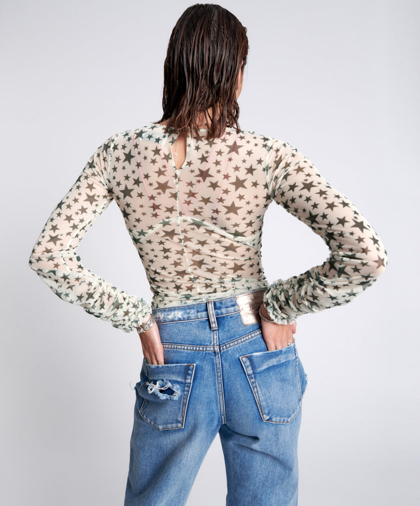 Khaki Star Ruffle Lurex Party Mesh Long Sleeve Top - One teaspoon