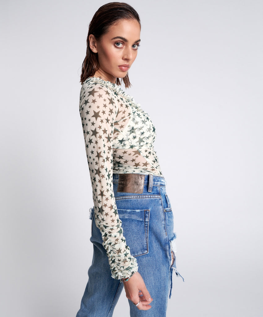 Khaki Star Ruffle Lurex Party Mesh Long Sleeve Top - One teaspoon