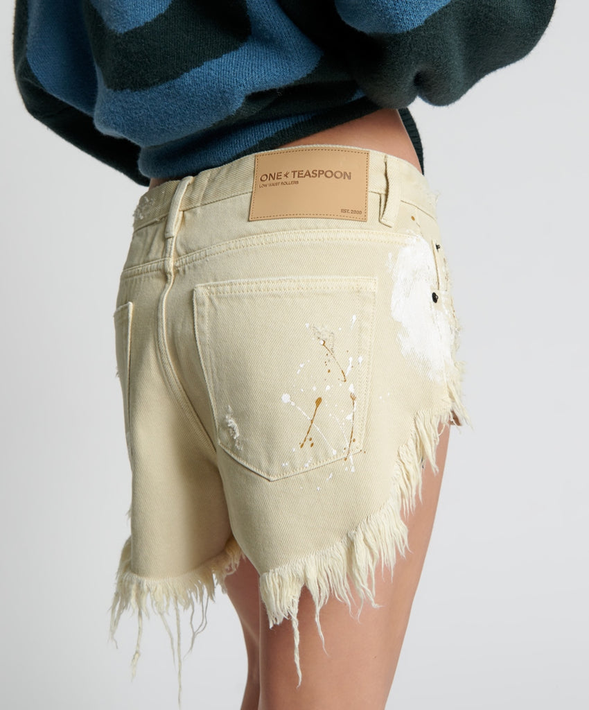 Vegas Gold Painted Rollers Denim Shorts - ONE TEASPOON