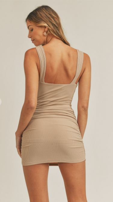Taupe Ribbed Bodycon Mini Dress W/ Front Twist Cutout