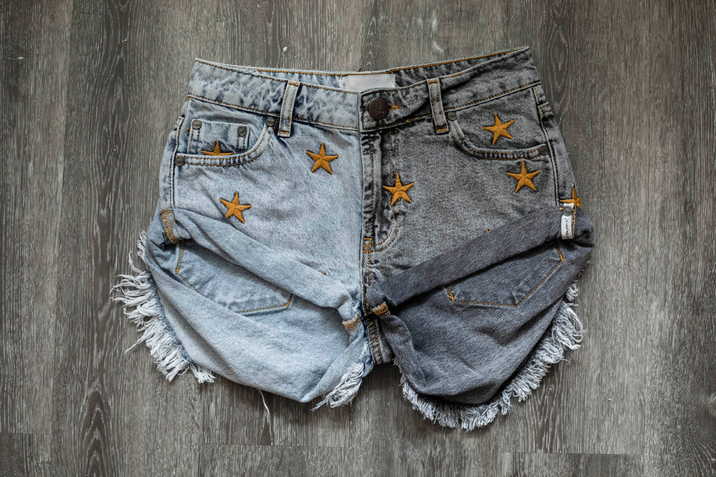 From The Stars Blue Grey Low Waist Bandit Denim Short - ONE TEASPOON