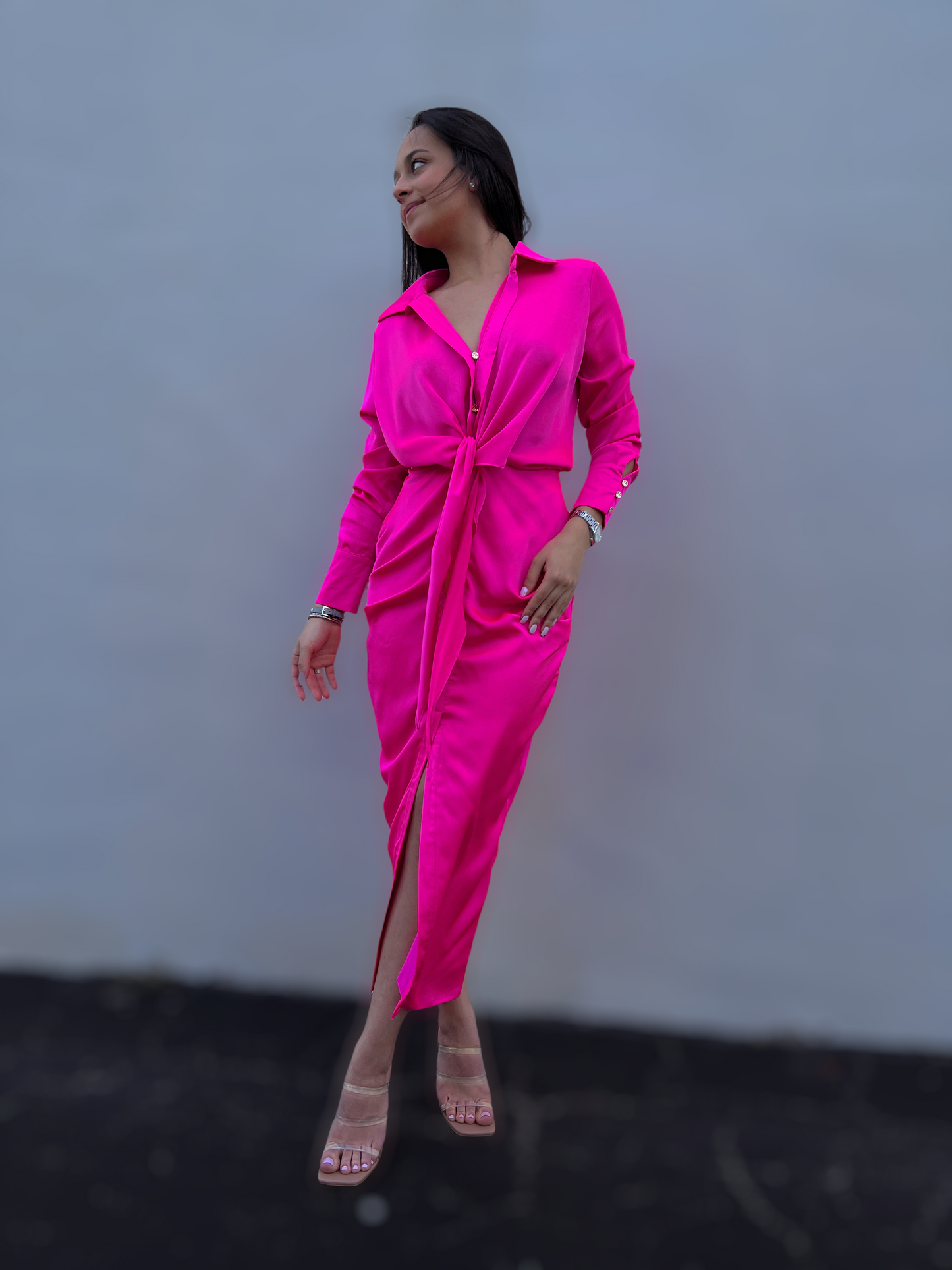 Hot Pink Button Down Collared Long Sleeve Maxi Dress