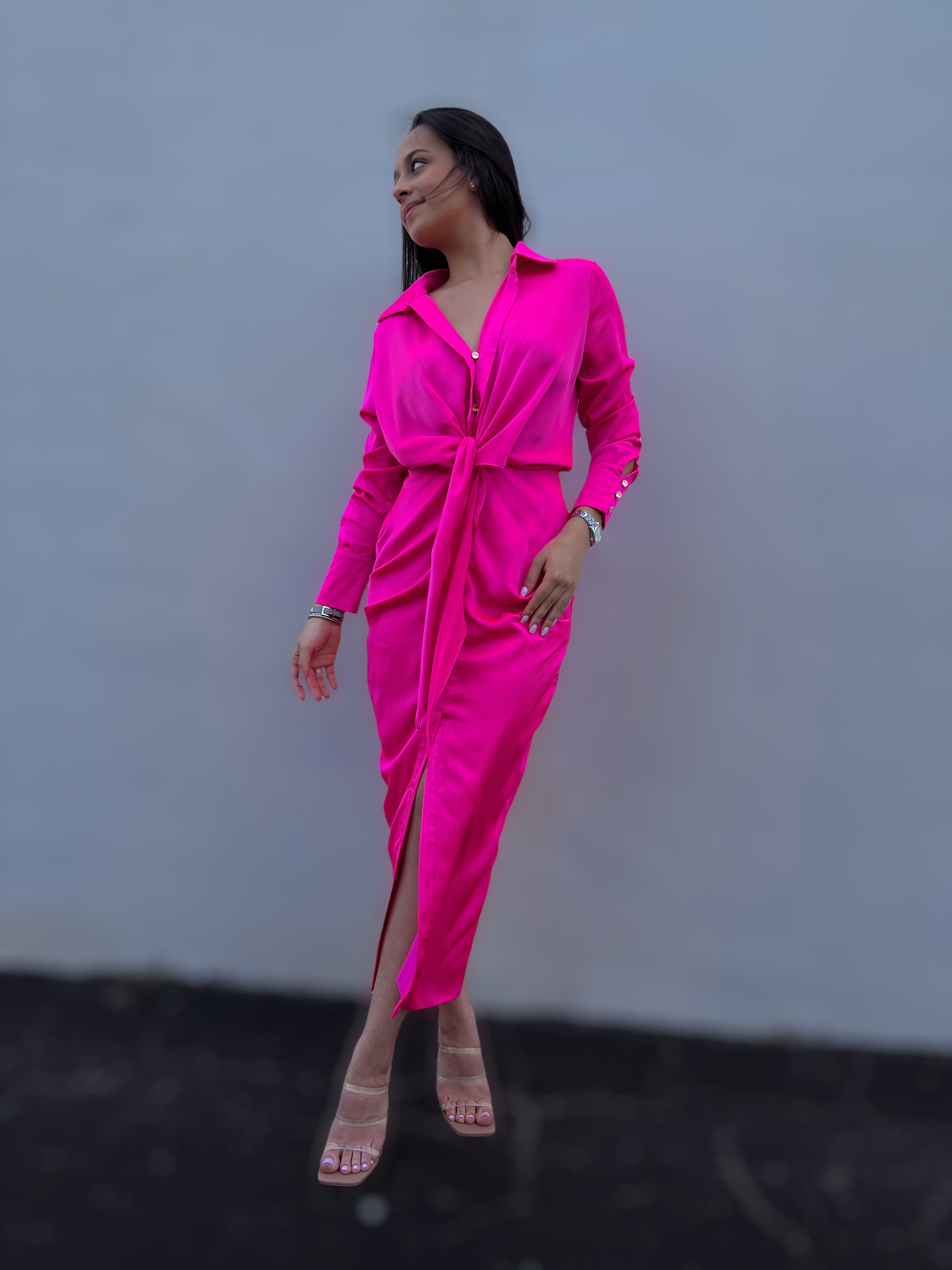 Hot Pink Button Down Collared Long Sleeve Maxi Dress Small Hot Pink Button Down Collared Long Sleeve Maxi Dress Small