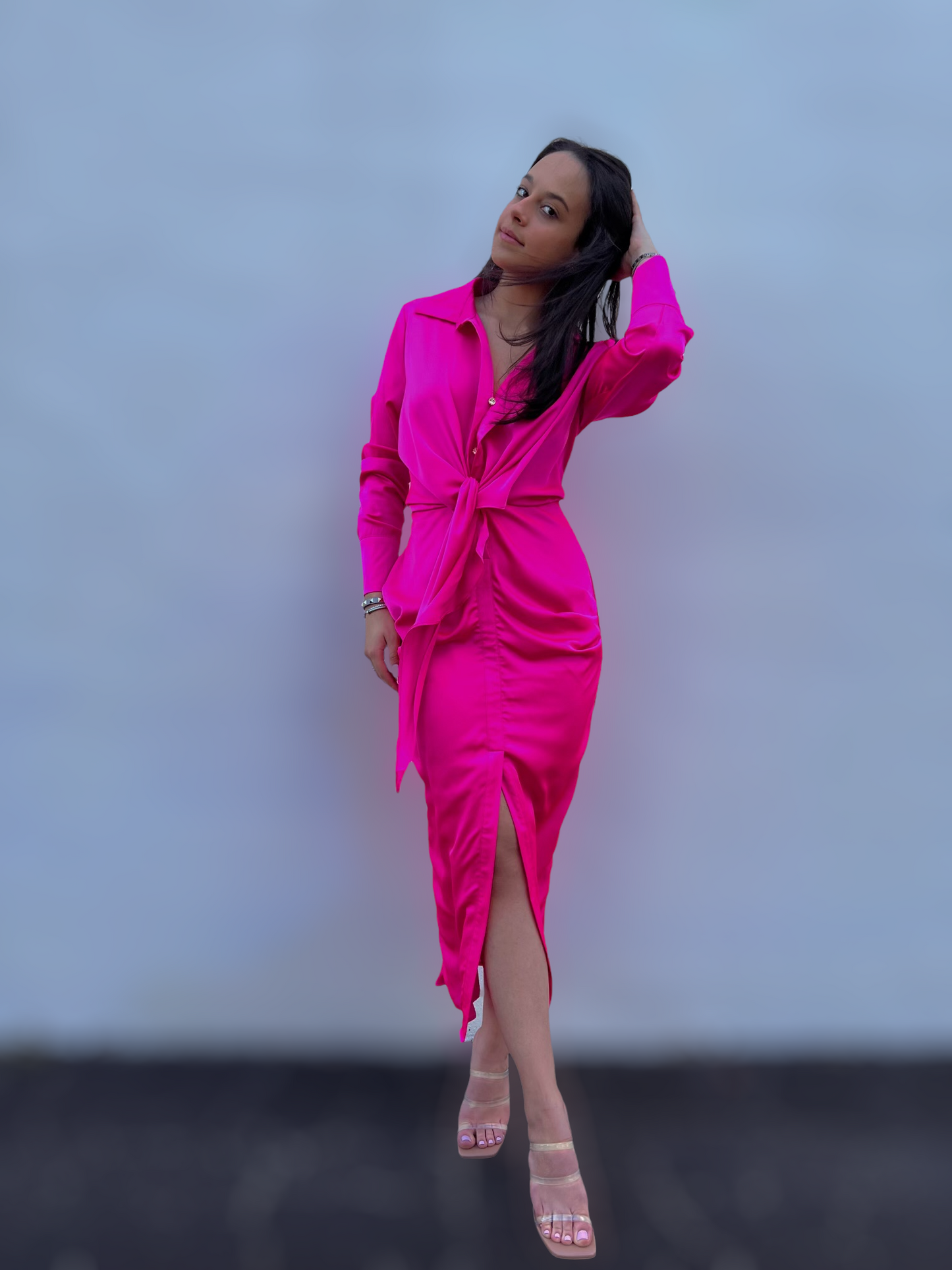 Hot Pink Button Down Collared Long Sleeve Maxi Dress