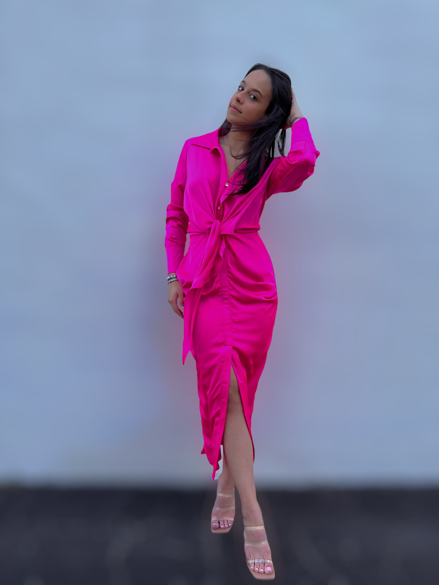 Hot Pink Button Down Collared Long Sleeve Maxi Dress Small