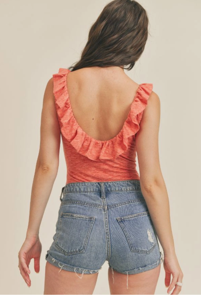Live Your Dream Ruffle V-Neck Bodysuit: Heather Red - SS