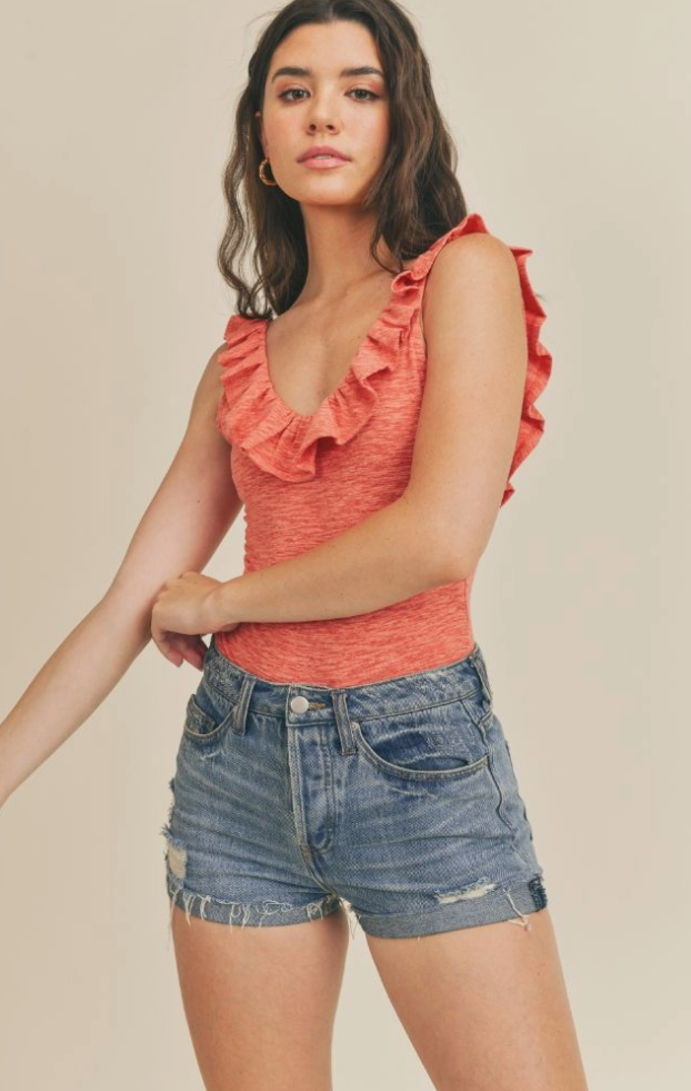 Live Your Dream Ruffle V-Neck Bodysuit: Heather Red - SS