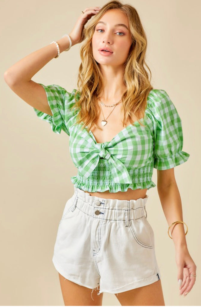 Green Twist Knot Smocked Gingham Crop Top - DM
