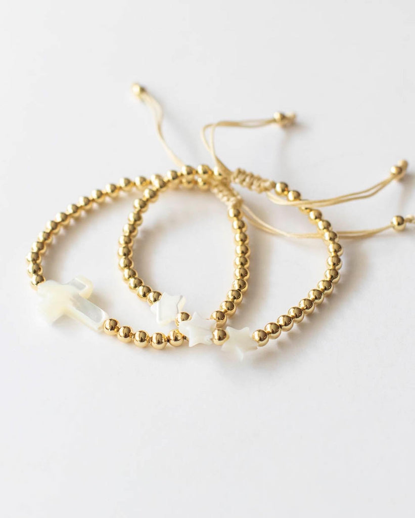 Gold plated beaded adjustable bracelet - Cross