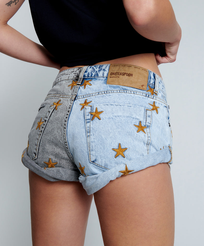 From The Stars Blue Grey Low Waist Bandit Denim Short - ONE TEASPOON