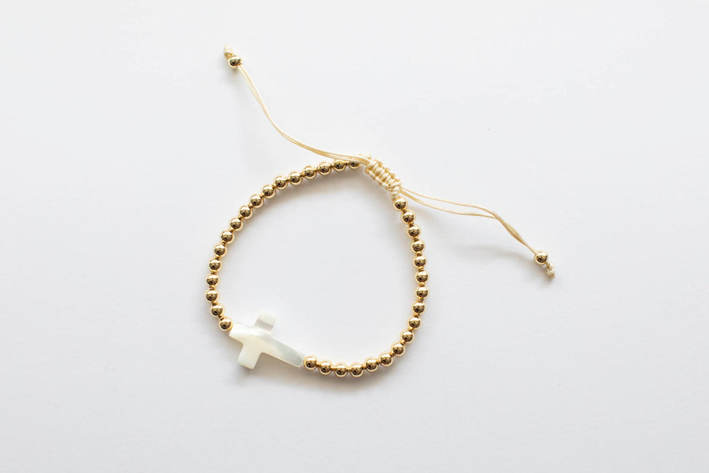 Gold plated beaded adjustable bracelet - Cross