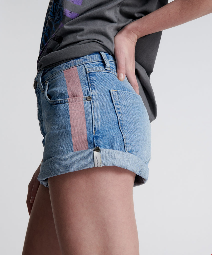 Linear Blue Bandits Mid Waist Denim Short- ONE TEASPOON