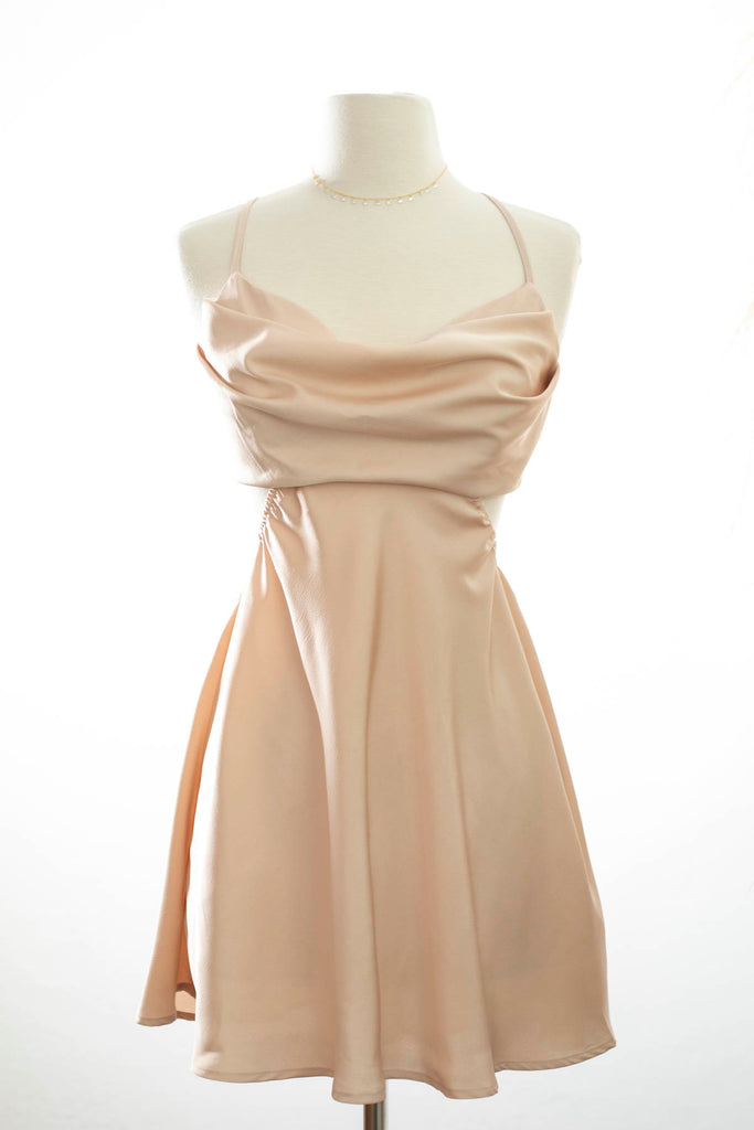 Taupe Satin Flare Mini Dress W/ Cowl Covered Top