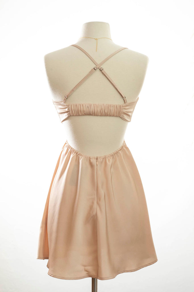 Taupe Satin Flare Mini Dress W/ Cowl Covered Top