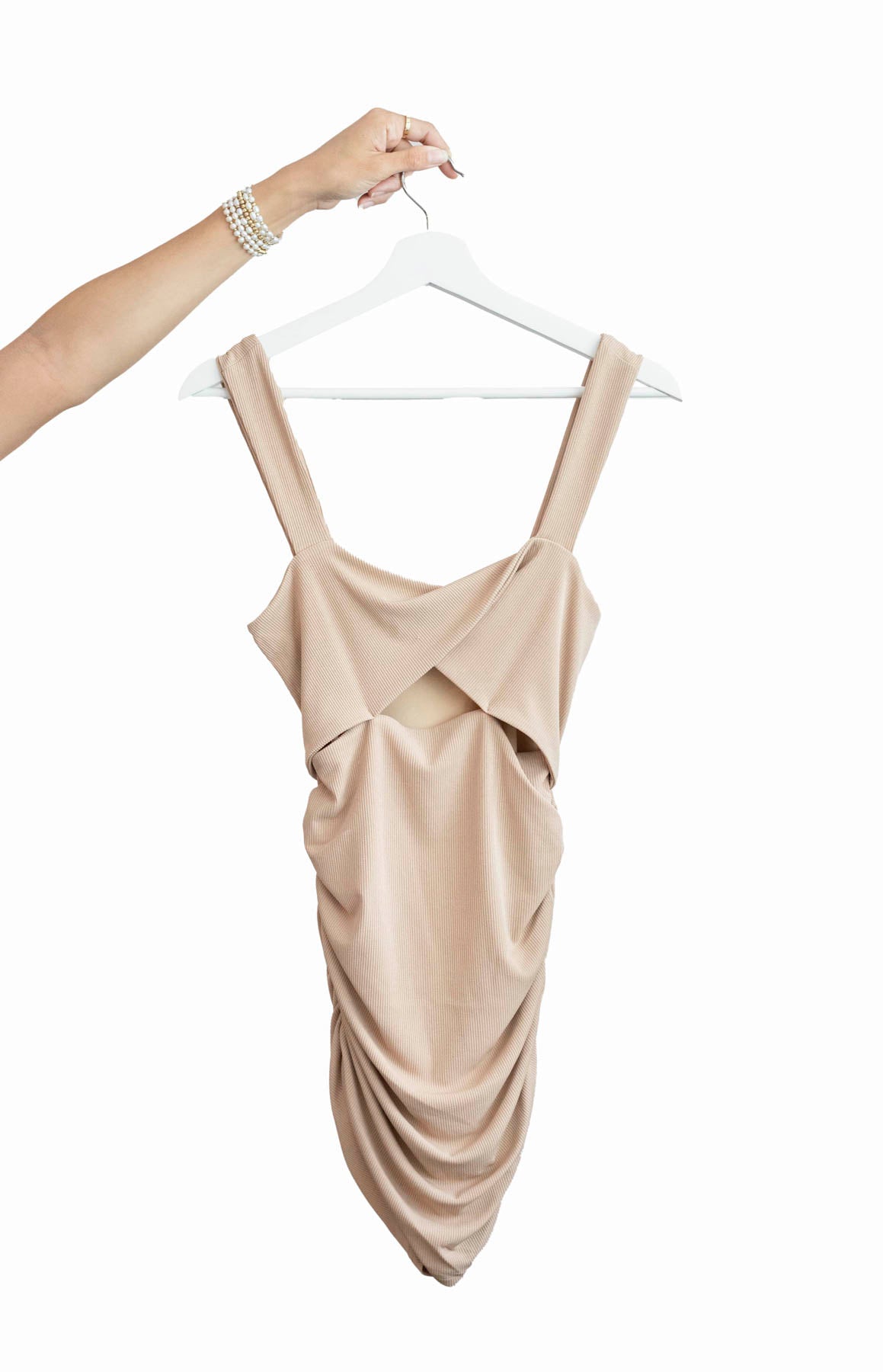 Taupe Ribbed Bodycon Mini Dress W/ Front Twist Cutout