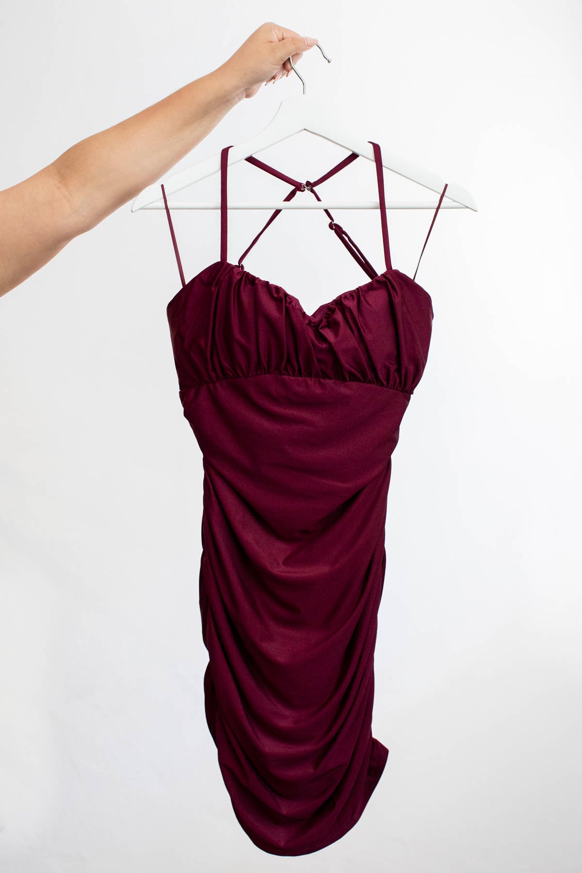 Wine Sleeveless Ruched Bodycon  Mini Dress