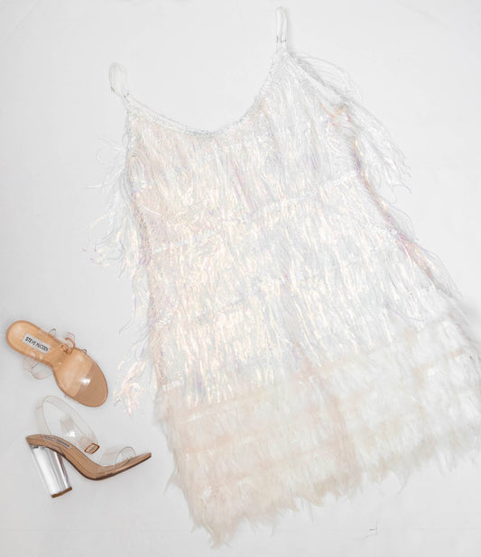 Sequins Fringe Dress With Feather Trims - DM