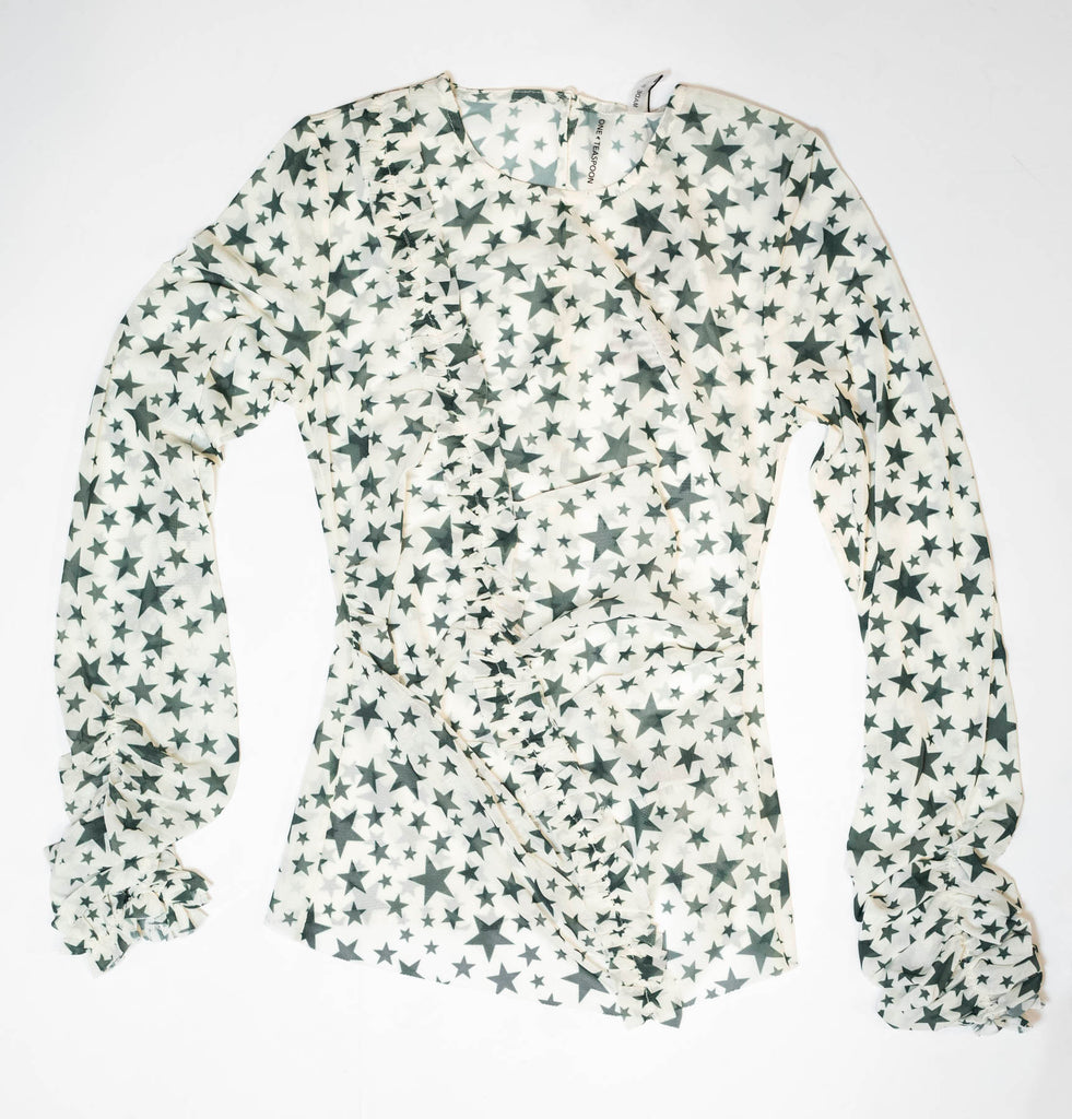 Khaki Star Ruffle Lurex Party Mesh Long Sleeve Top - One teaspoon