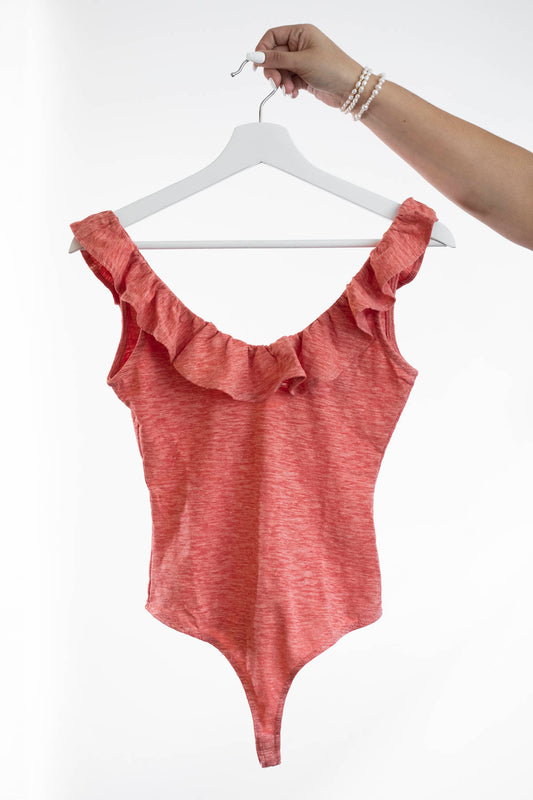 Live Your Dream Ruffle V-Neck Bodysuit: Heather Red - SS