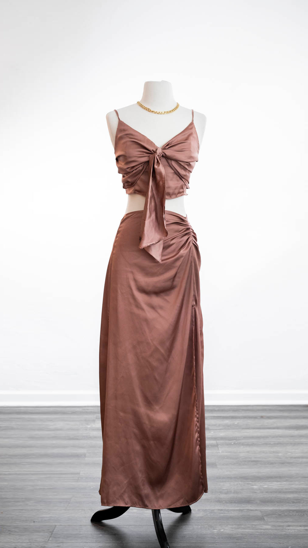 MS Rosette Front Side Shirred & Slit Maxi Skirt